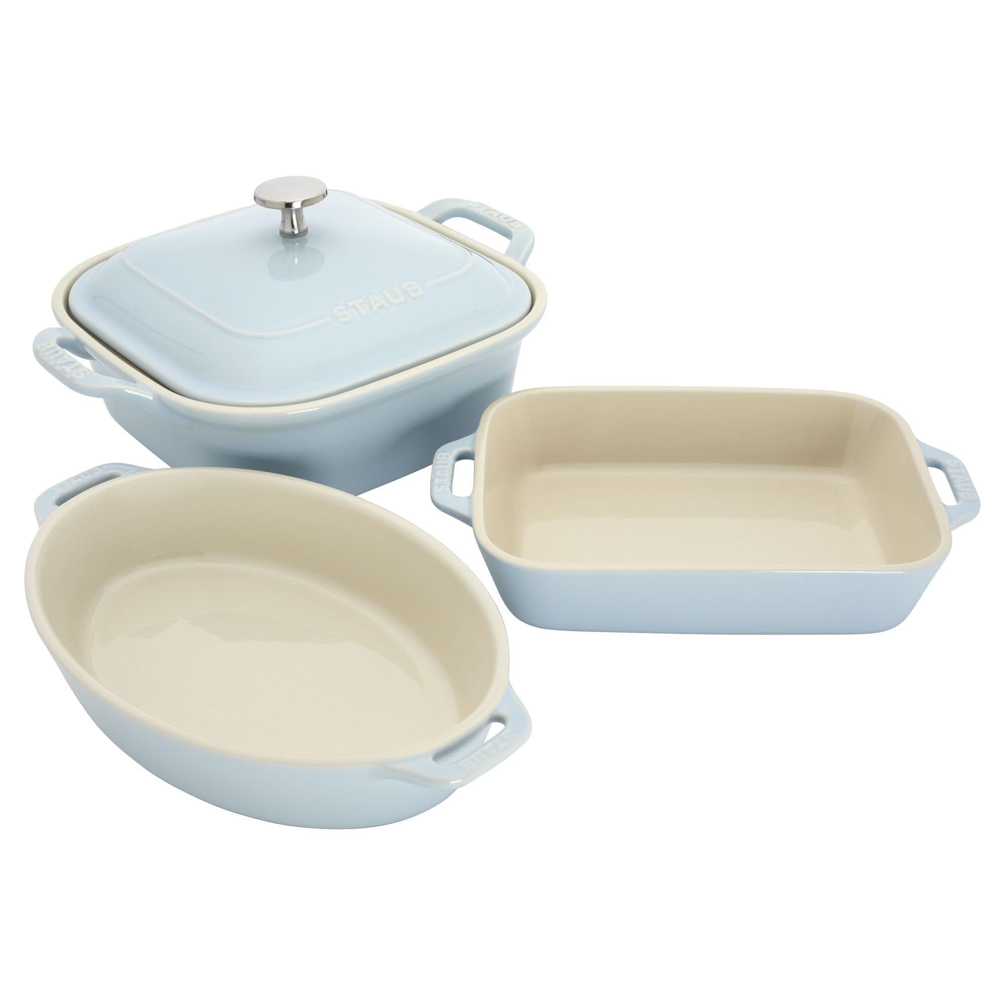 Staub Ceramic 4pc Baking Pans Set, Casserole Dish with Lid, Brownie Pan, Light Blue