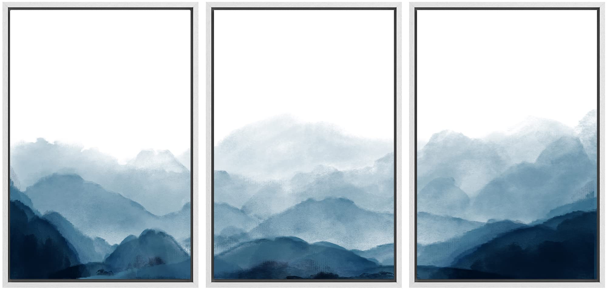 Signwin Framed Canvas Print Wall Art Blue Watercolor Mountains In Fog Nature Wilderness Modern Art Rustic Cool For Living Room,