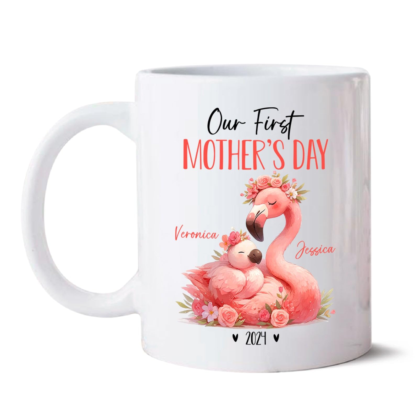 Pink Flamingo Mug For Animal Lovers, Personalized Mom And Baby Flamingo Ceramic Mug, Mother Flamingo & Baby Coffee Cup, Our Firs