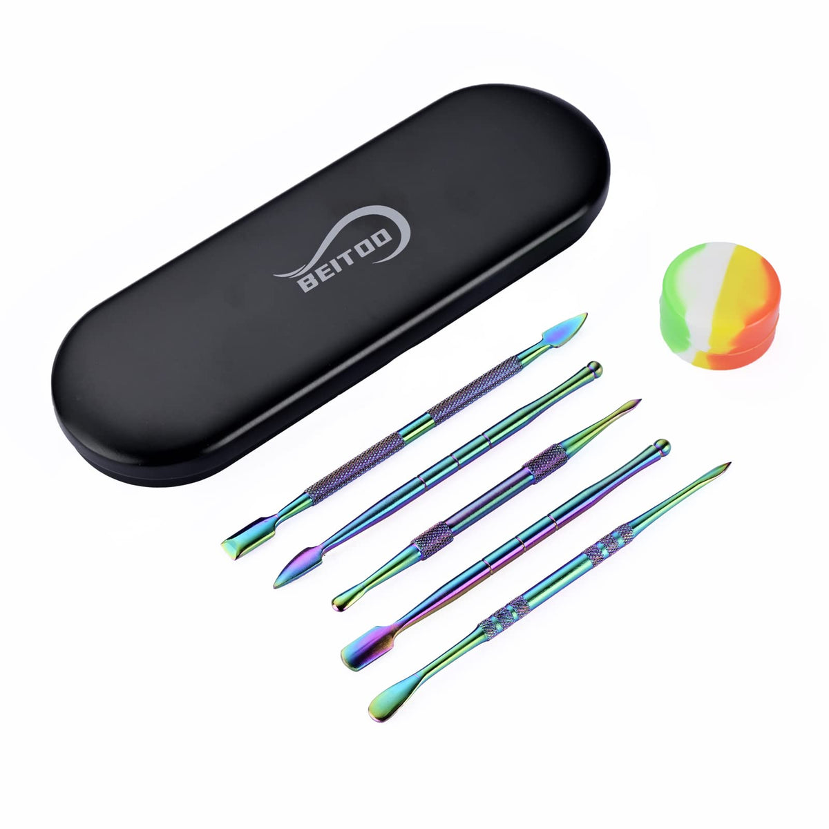 Beitoo 6-Pieces Wax Carving Tool Set Rainbow Stainless Steel Collecting Accessories With 5Ml Silicone Containers Jar