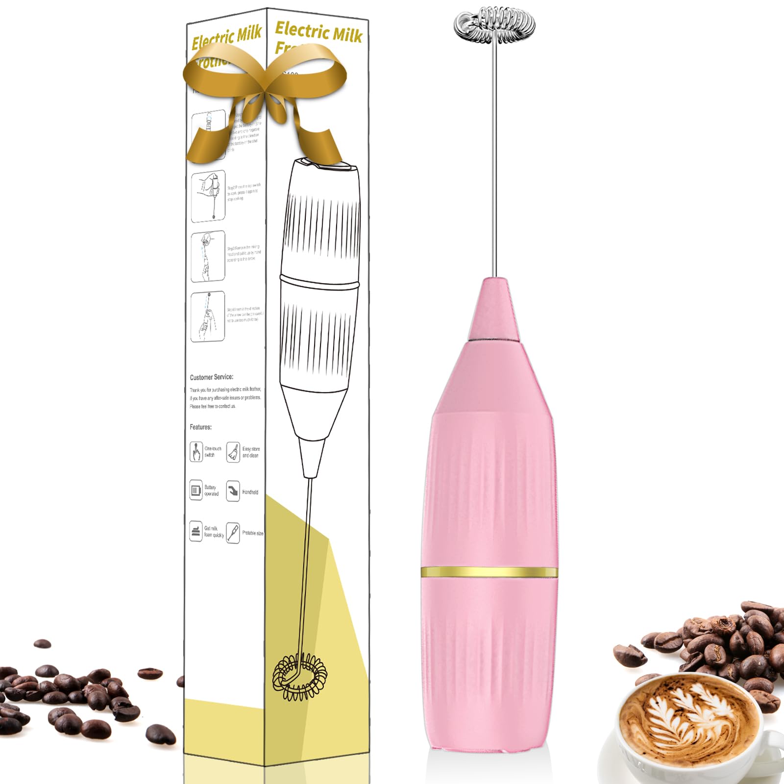 Handheld Milk Frother Wand For Coffee, Matcha, Latte, Cappuccino, Hot Chocolate, Egg, Pink