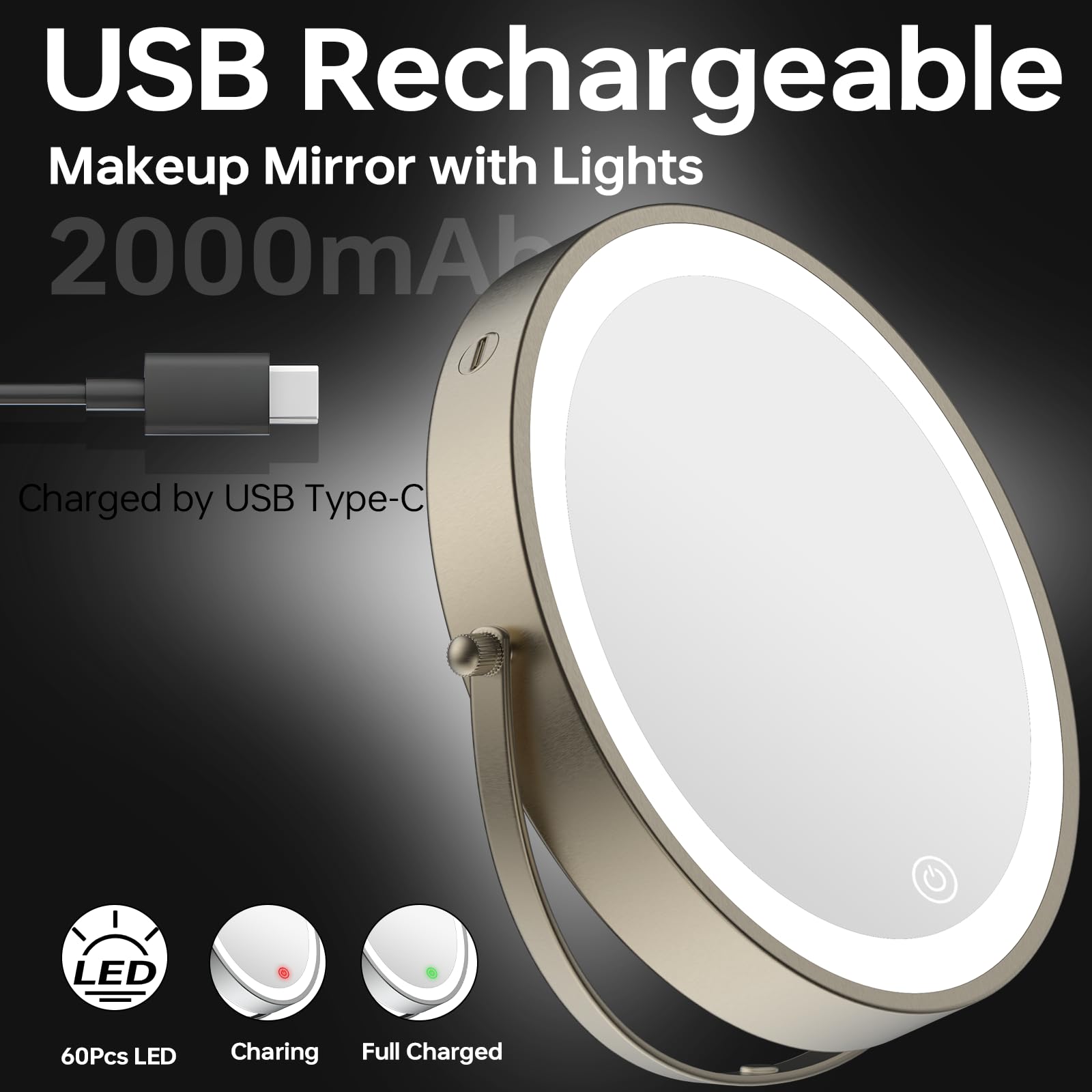 Lansi Rechargeable Lighted Makeup Mirror, 10X Magnifying Mirror, 3 Color Lights, Touch Screen Dimming, 360 Extendable Arm Wall M