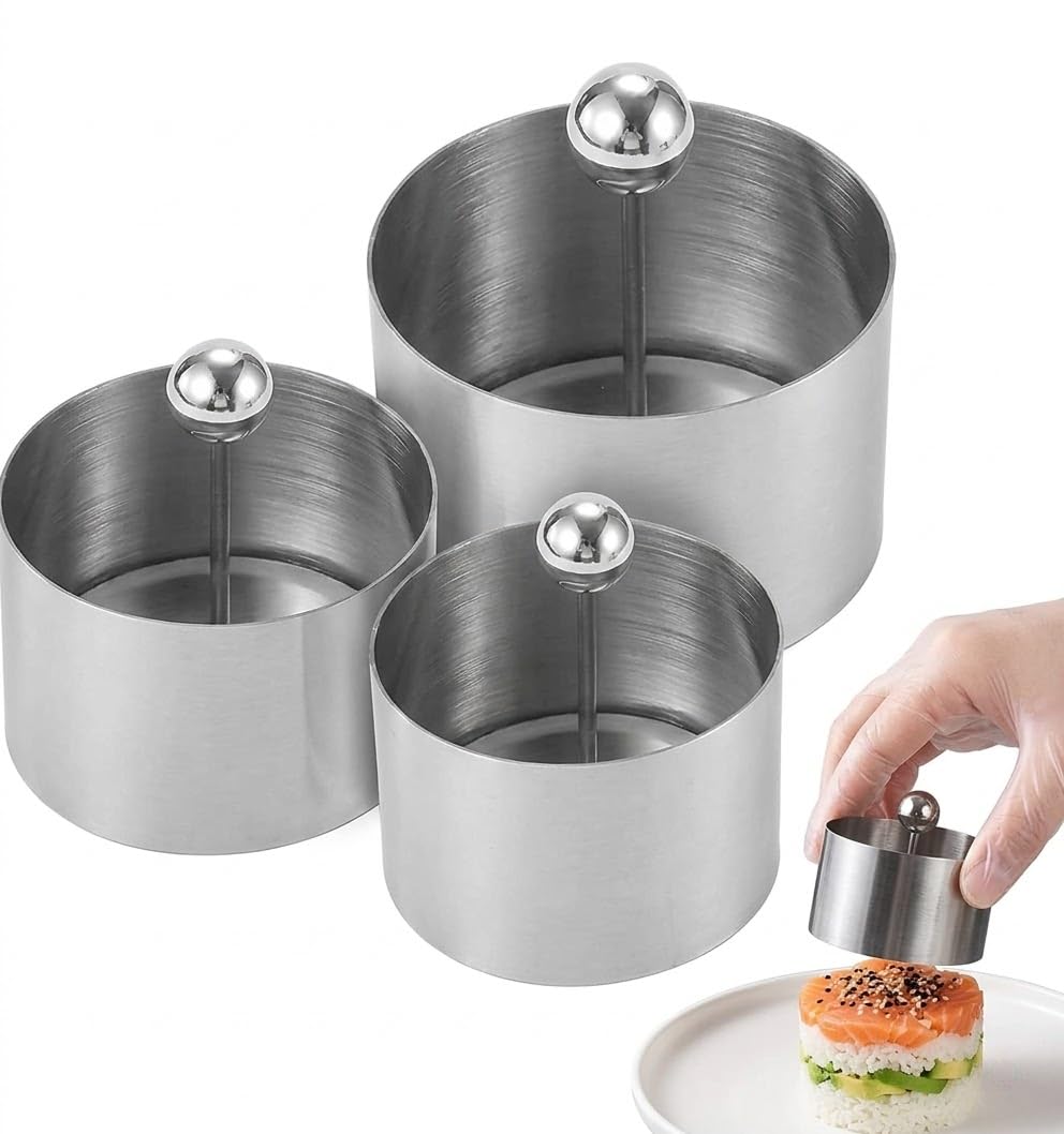 Veemoon 3Pcs Stainless Steel Sushi Tower Mold, 3 Sizes Mousse Rings Cooking Molds with Pusher for Home Kitchen Use Food Presenta