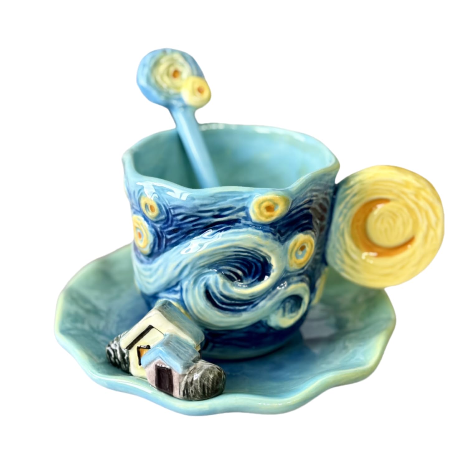 FORLONG Ceramic Starry Sky Coffee Mug and Saucer set with Spoon,3D Handmade and Handpainted Tea Mug, 6OZ