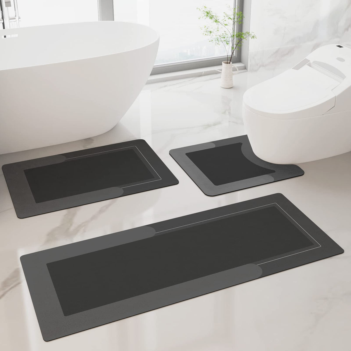 Hellotree 3Pcs Bath Mat Rug Rubber Non Slip Quick Dry Rug Sets Super Absorbent Thin Bathroom Rugs Fit Under Door Dark Grey Washa