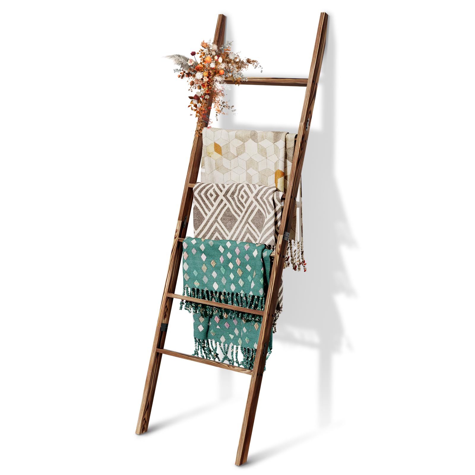 6-Tier Blanket Ladder Wooden, 5.7Ft(66.5'') Blanket Quilt Towel Holder Rack Decorative Ladder, Easy Assembly, Rustic Farmhouse L