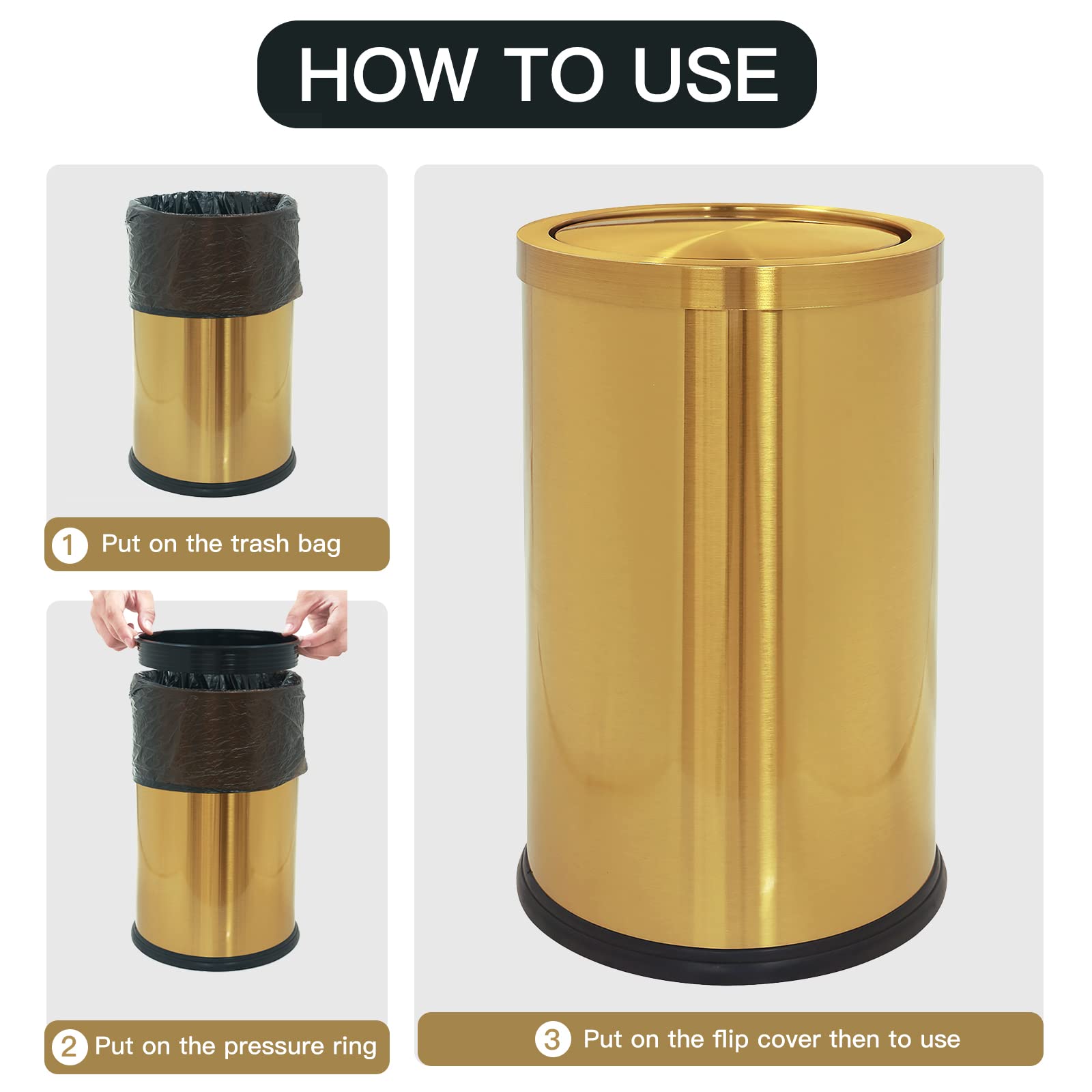 Huaqinglian Stainless Steel Gold Trash Can With Flipping Lid 2.6Gallon Fingerprint-Proof Garbage Cans Wastebasket Bin For Kitche