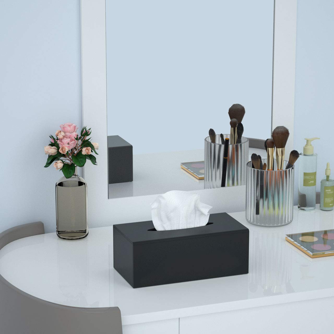 FEMELI Acrylic Tissue Box Cover Rectangular Facial Tissue Holder Case Dispenser for Bathroom Kitchen Bedroom Office with Magnet Locking Bottom Black