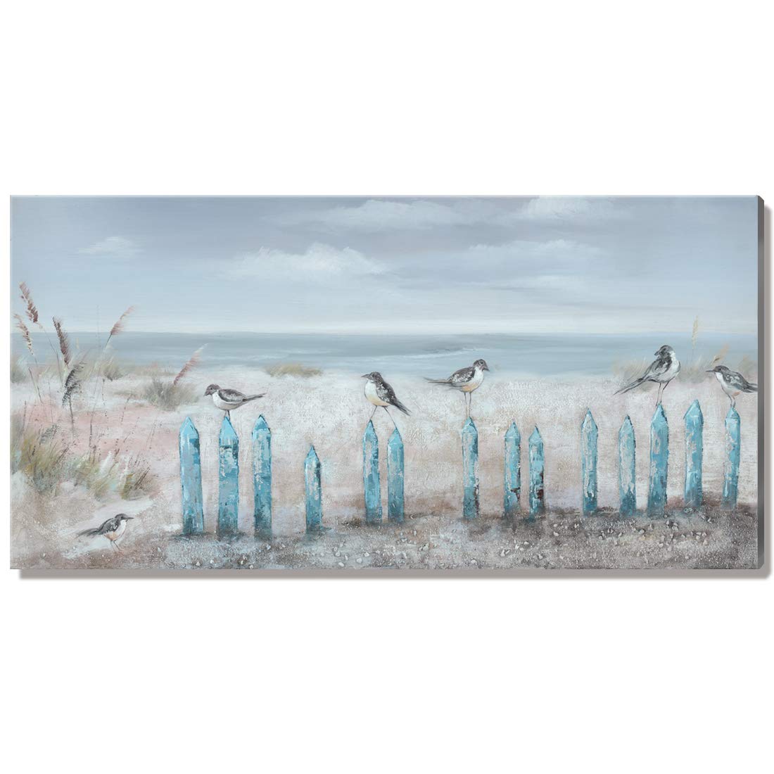 Ocean Beach Wall Art 3D Framed Hand-Painted Seascape Oil Painting Perching Bird Canvas Artwork 'The Tranquility by The Sea Shore' for Living Room Bedroom D?or Coastal Blue 16x32inch