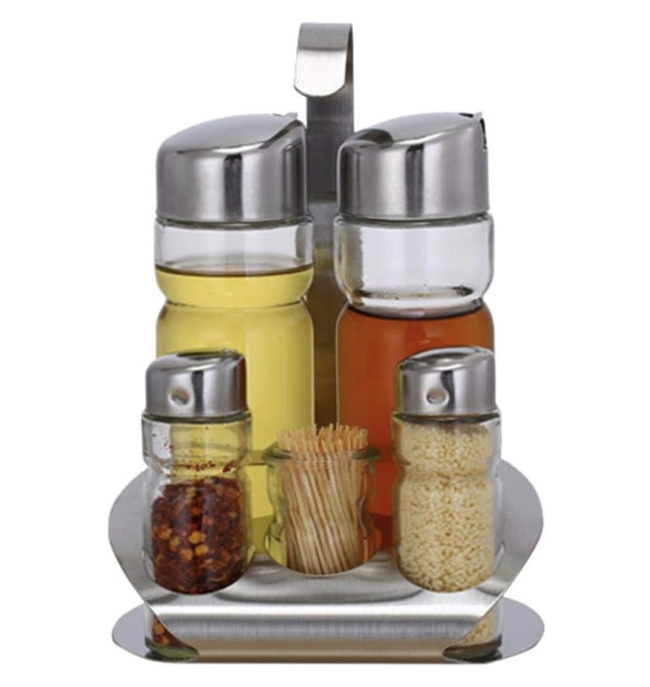 Homies 6 Piece Salad Set With Toothpick Holder | Cruet Set With Stand | Stainless Steel Kitchen Spice Box, Salt Pepper Shakers, 