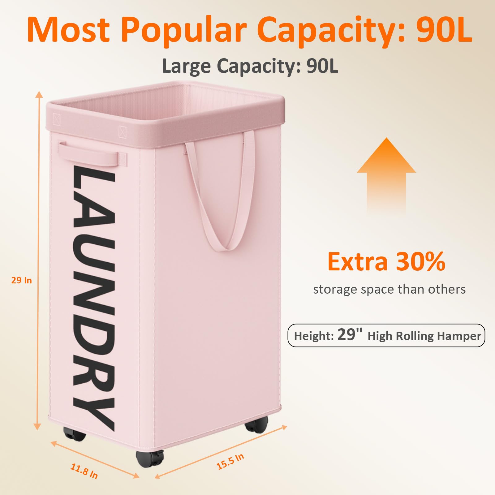 Optish 90L Rolling Laundry Basket With Wheels, 29 In Hamper With Wheels And Removable Mesh Bag, Pink Laundry Baskets On Wheels F