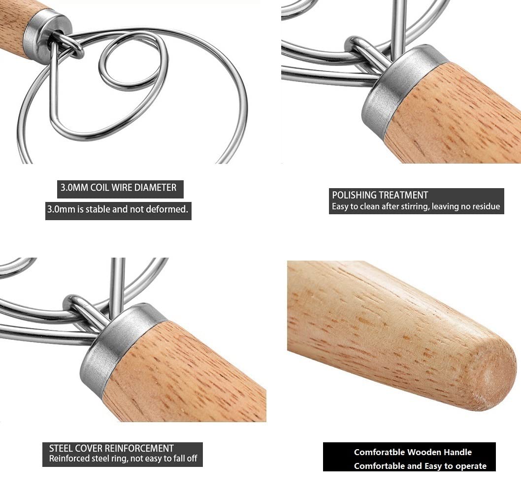 Danish Dough Whisk 13'' Stainless Steel Bread Whisk Bread Making Tools Danish Dough Hook Bread Dough Mixer Hand Bread Dough Whis