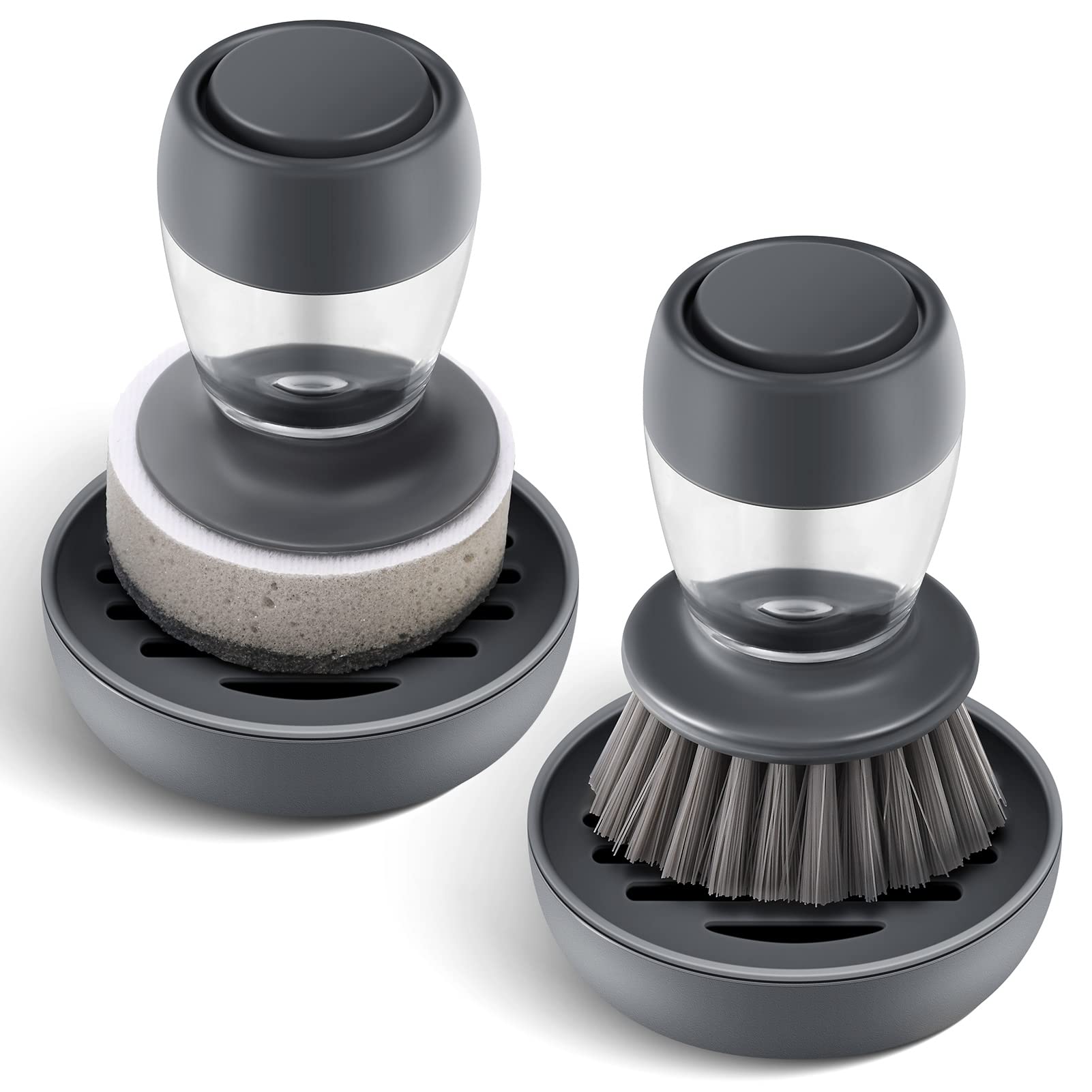 Dish Brush With Soap Dispenser, Kitchen Dish Scrubbers Set With Draining Tray For Washing Dishes/Pots, Grey, Set Of 2
