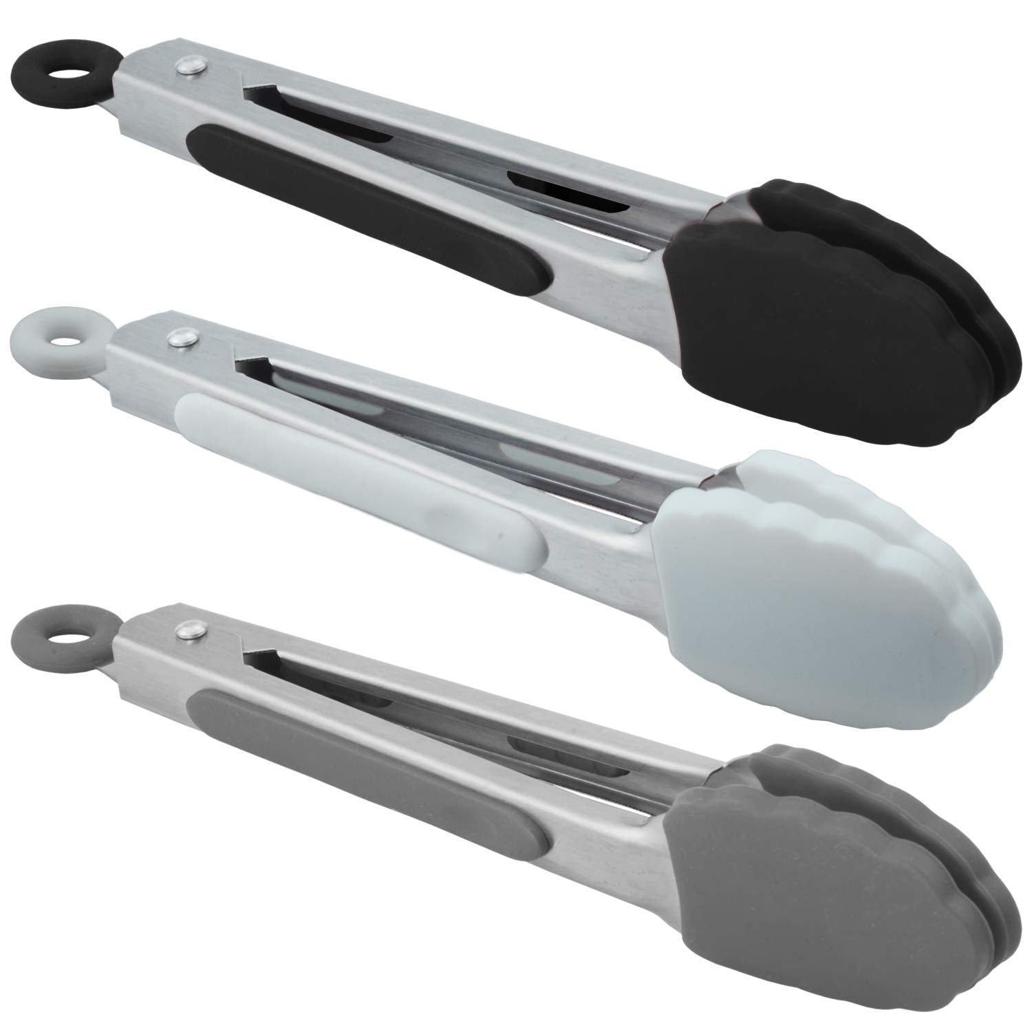Hinmay Small Silicone Tongs 7-Inch Mini Serving Tongs, Set Of 3 (Black White Gray)