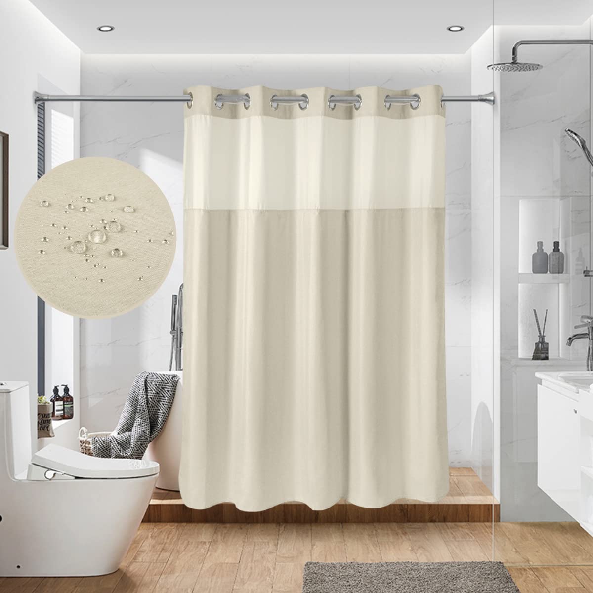 Ecoehoe 71W X79   H Fabric Hook Free Shower Curtain Long With Polyester Magnet Snap-In Liner-Top See Through With Mesh Window Li