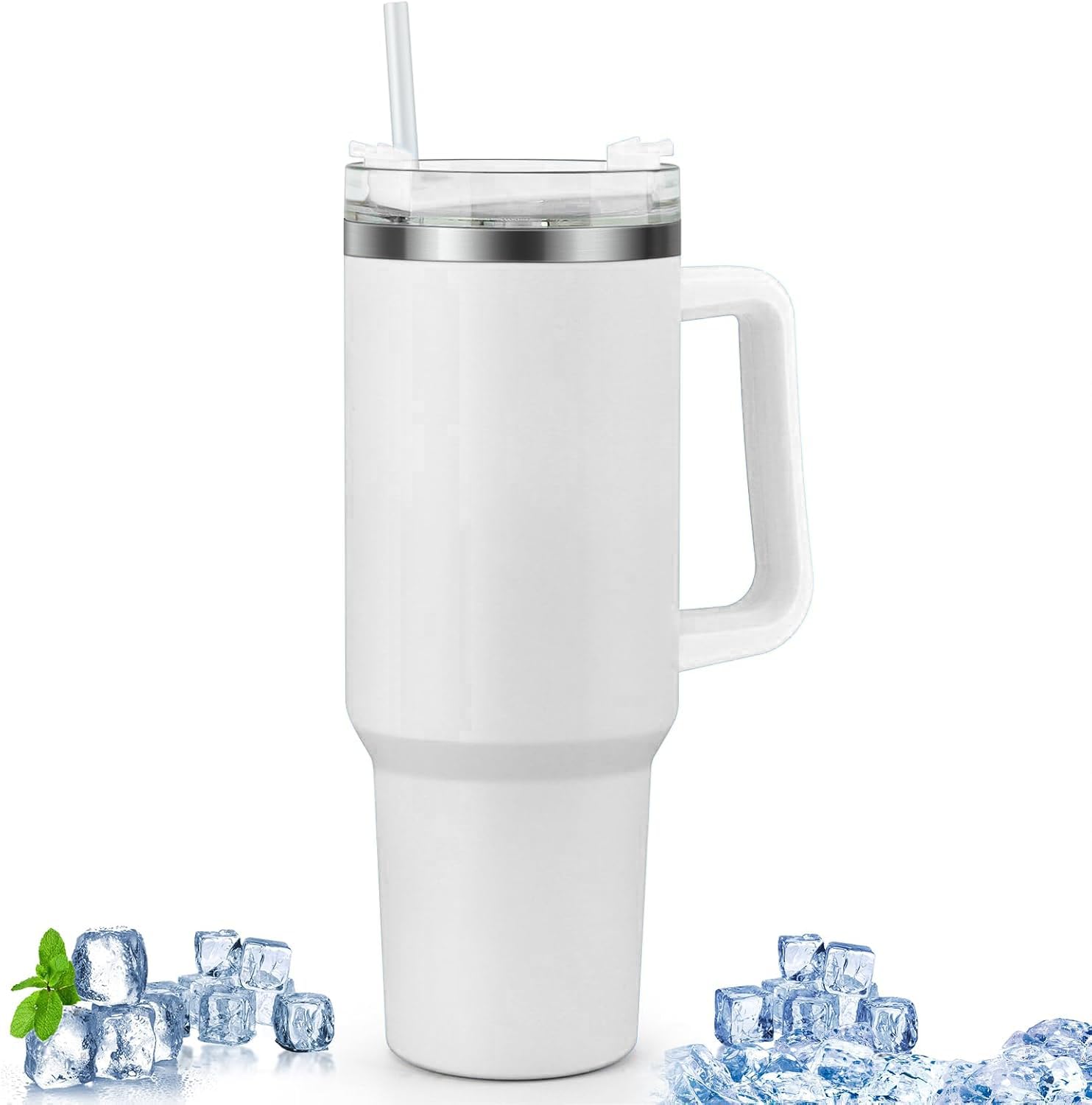 Xiawao 1200Ml Mug Tumbler With Handle And Straw Lid, Stainless Steel Large Water Bottle Gifts For Women Men Him Her (White)