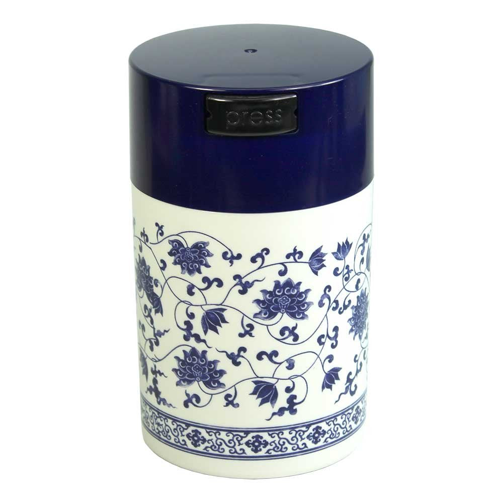 Teavac 6-Ounce Vacuum Sealed Tea Storage Container, Blue Cap And White Body/Floral Design
