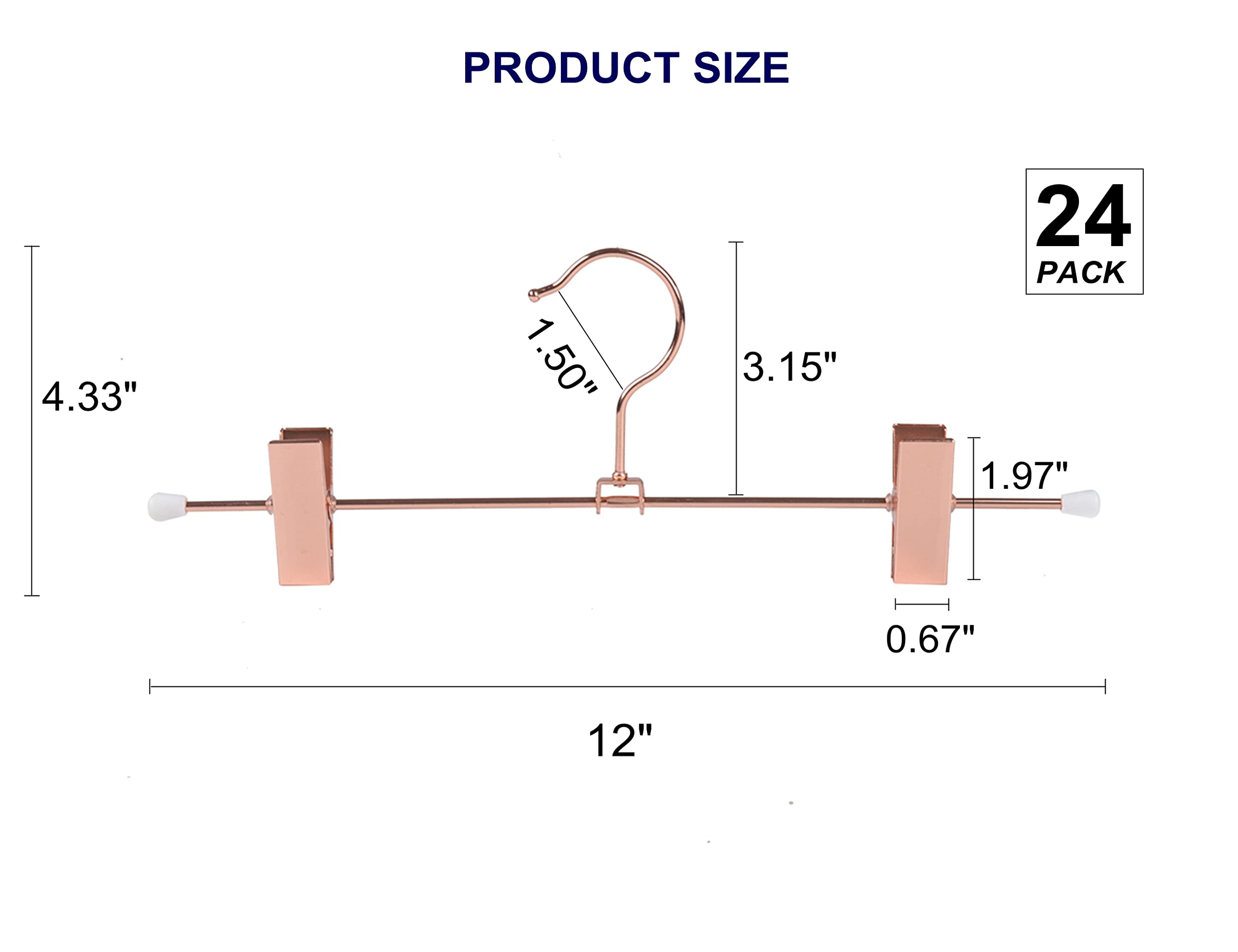 Amber Home 24 Pack Rose Copper Gold Metal Pants Skirt Hangers With Clips, Adjustable Clip Metal Trouser Hangers, Clip Hangers Fo