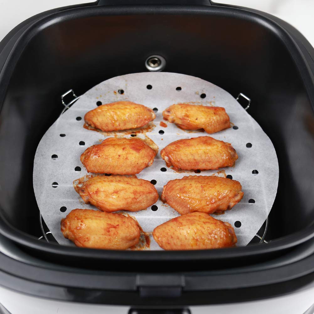 Air Fryer Liners - 7'' 8.5'' 9''10'' Parchment Paper Bamboo Steamer Liners Perforated Anti-Stick Waterproof 100% Pure Raw Wood P