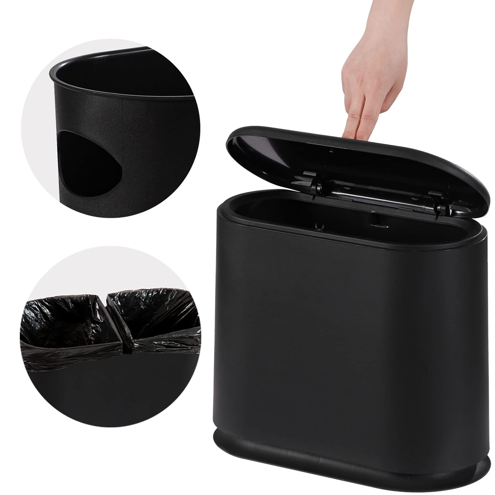 Pengke Slim Plastic Trash Can,2.7 Gallon Garbage Can With Press Top Lid,Black Modern Waste Basket For Bathroom,Living Room,Offic