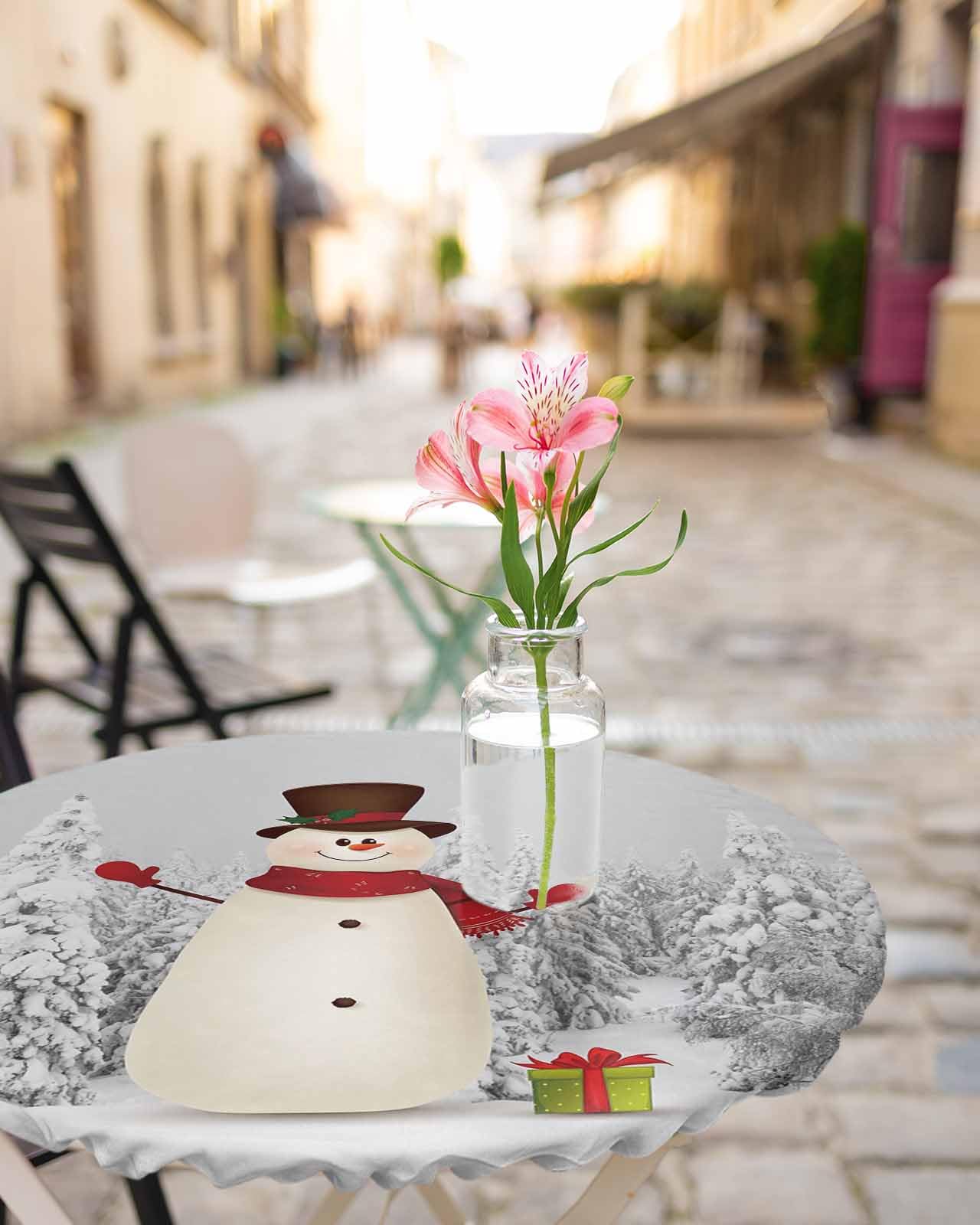 Christmas Snowman Round Fitted Table Cover For Dining Tables,Elastic Edged Tablecloth Winter Snowy Pine Forest Waterproof Oil Pr
