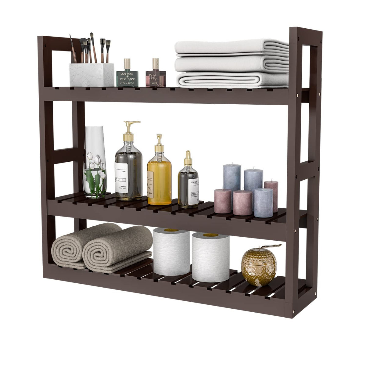 Domax Bamboo Bathroom Shelf 3-Tier Wall Mount Storage Rack Multifunctional Adjustable Layer Free Standing Over Toilet Utility Sh