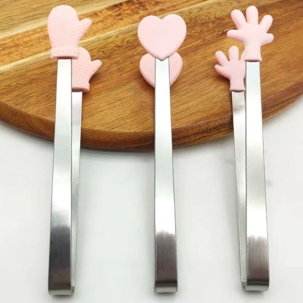 Nentment 3 Pack Mini Dessert Tongs Stainless Ice Cube Clip Pink Hand Heart Glove Shape Small Non-Slip Silicone Baking Bread Tong