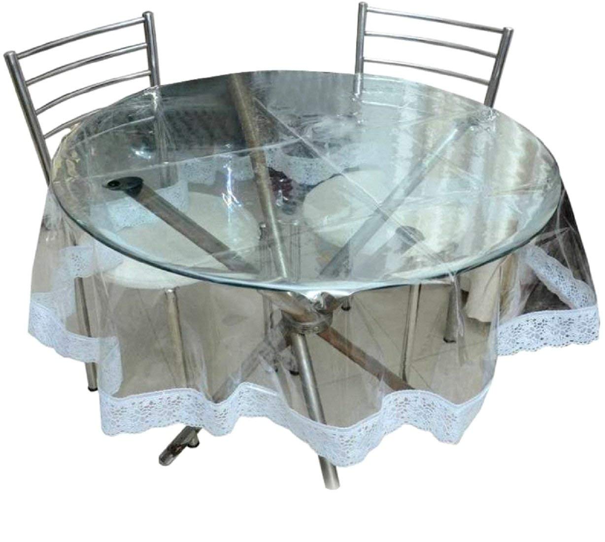 Kartikey PVC Waterproof 2 Seater Round Dining Table Cover Cloth Transparent with White Border Lace 45 x 45