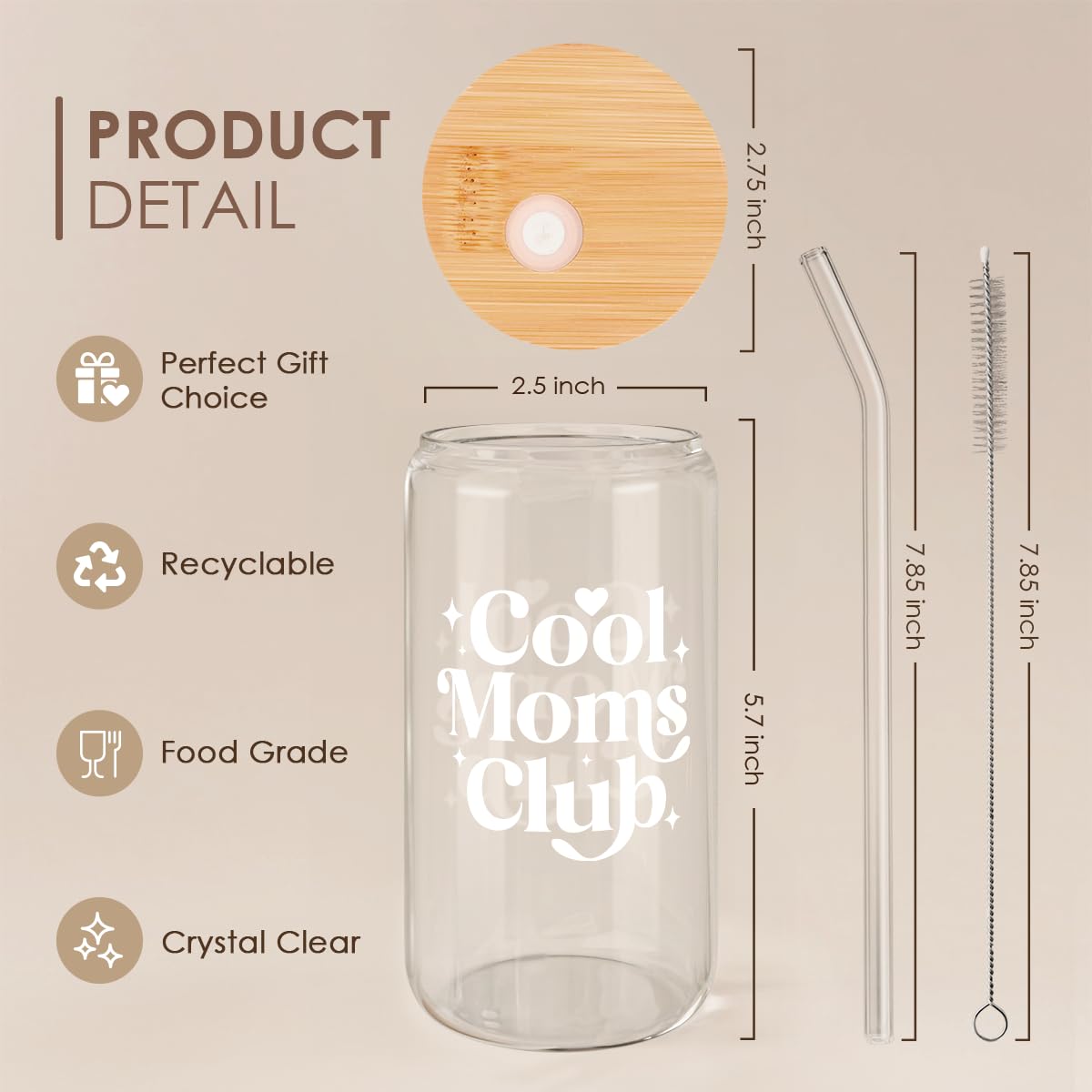 SANDJEST Mom Glass Can, Cool Mom Club Cup with Lid & Straw, Iced Coffee Aesthetic Cups, Idea Gift for Christmas Birthday Mother
