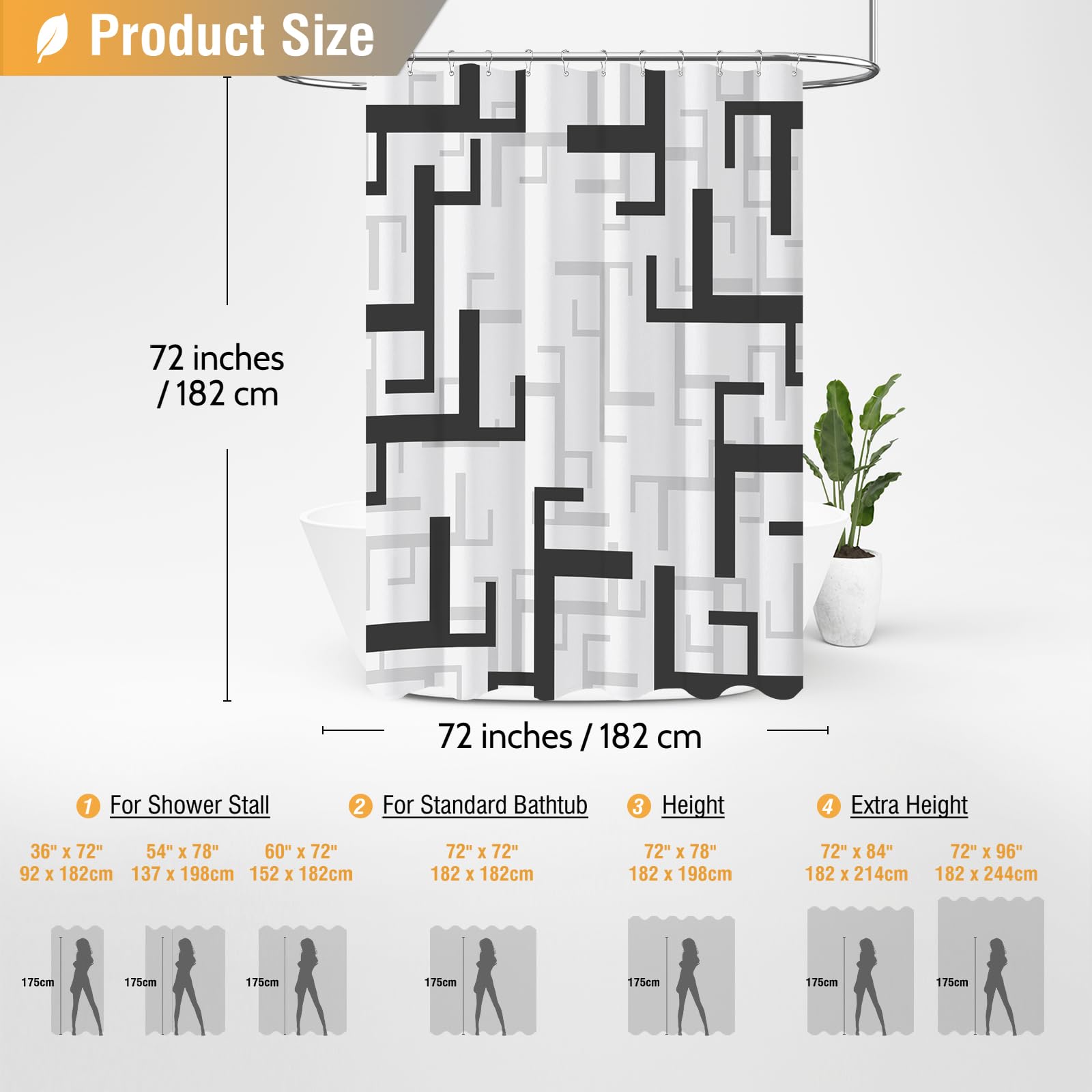 BTTN Black and White Shower Curtain  Geometric Fabric Shower Curtain Set with 12 Plastic Hooks  Water Repellent  Machine Washable  Abstract Modern Decorative Cloth Shower Curtains for Bathroom  72x72