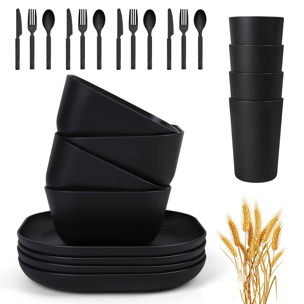afcevnlb 24 Piece Wheat Straw Square Dinnerware Sets for 4, Unbreakable Dinner Plates and Bowls Sets for Camping Party Grill (Bl