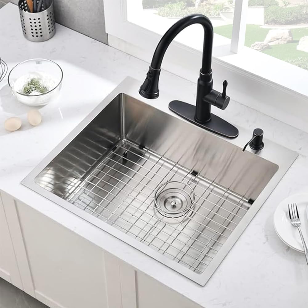 BoomHoze 25 inch Kitchen Sink Drop in, 25 x 22 Drop in Kitchen Sink 16 Gauge Stainless Steel Kitchen Sink 2-Holes Drop in Sink S