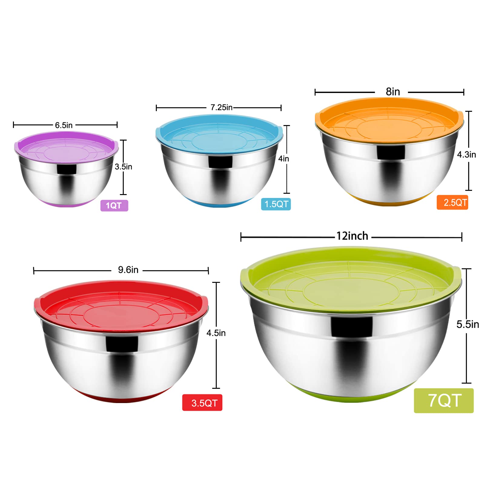 Teamfar Mixing Bowls With Lids Set, 1/1.5/2.5/3.5/7 Qt, Stainless Steel Large Metal Nesting Salad Bowl Set Of 5, Healthy & Sturd