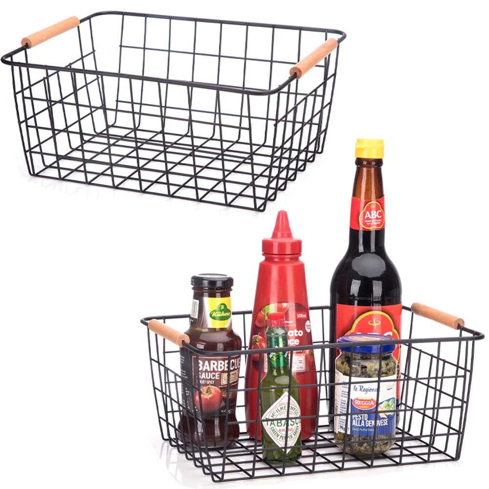 Hdyoudo Metal Wire Food Storage Basket Organizer With Wooden Handles For Organizing Kitchen Cabinets, 2 Packs-Black