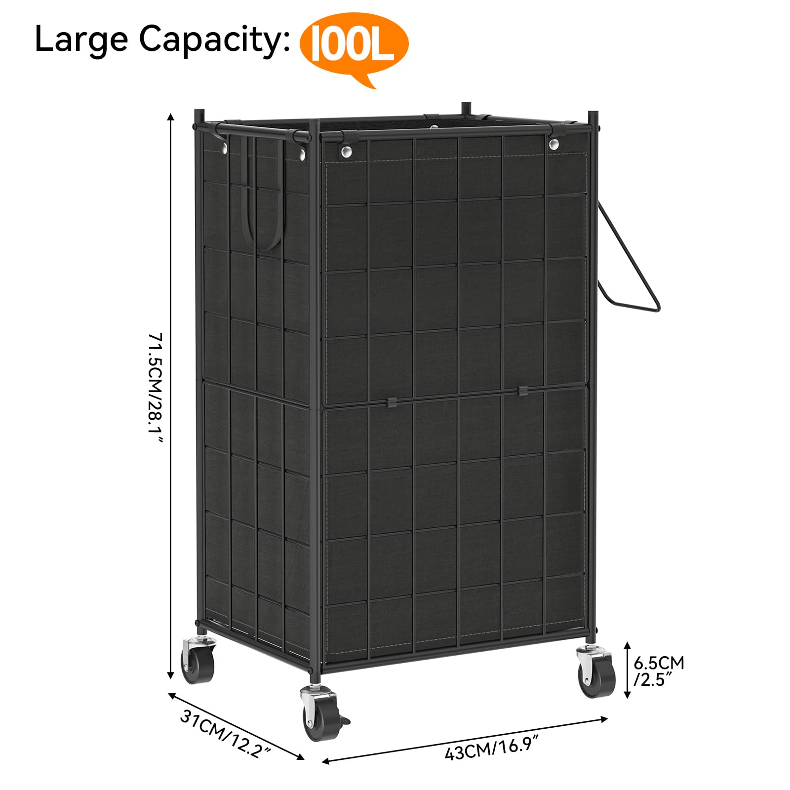Wowlive Laundry Hamper With Wheels,Metal Wire Frame Rolling Laundry Basket With Removable Bag,100L Dirty Clothes Hamper Organize