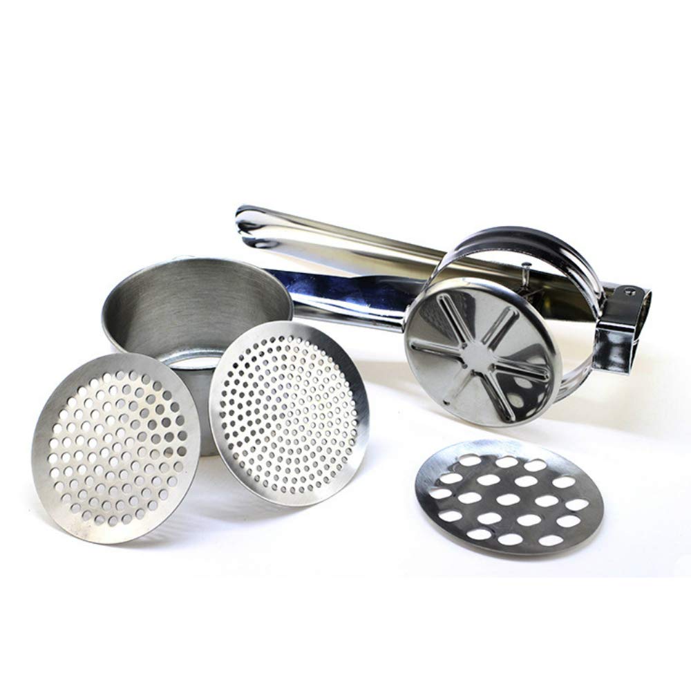 Stainless Steel Potato Ricer - Manual Masher For Potatoes, Fruits, Vegetables, Yams, Squash, Baby Food And More - 3 Interchangea