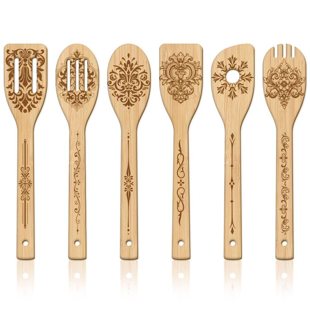 GLOBLELAND 6 Pcs Retro Baroque Style Wooden Spoons Utensil Set Vintage Rococo Pattern Bamboo Carving Cooking Utensils European F