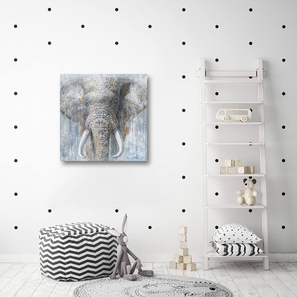 Yidepot Grey Blue Elephant Wall Decor - Wild Animals Canvas Elephants Print For Bedroom Framed Ready To Hang 12X12Inch