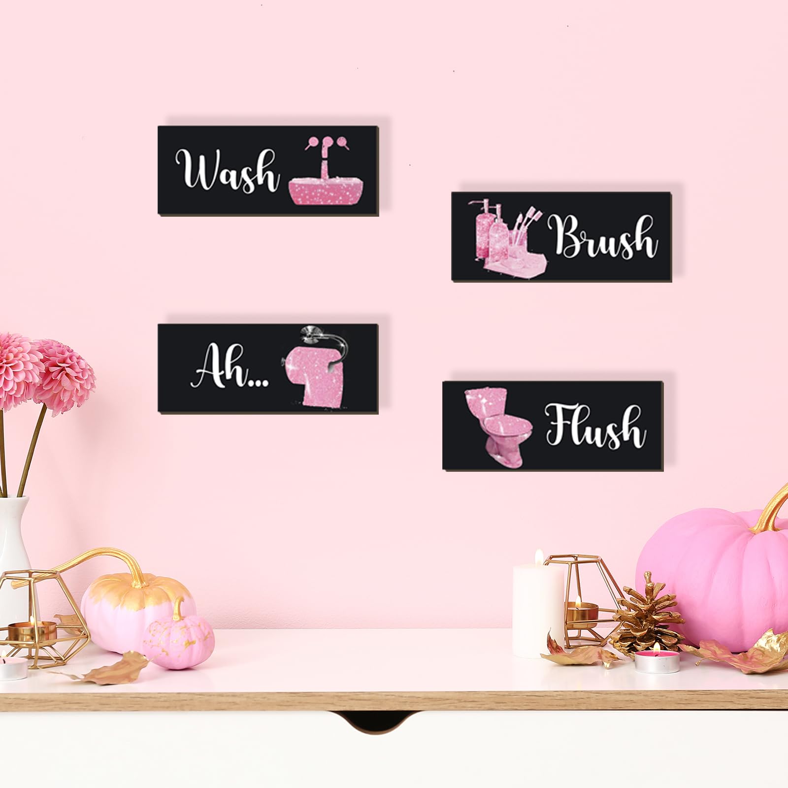 FENCORDAR 4 Pcs Pink Bathroom Decor Funny Pink And Black Bathroom Decor Wooden Modern Funny Glitter for Home Toilet Decoration(1
