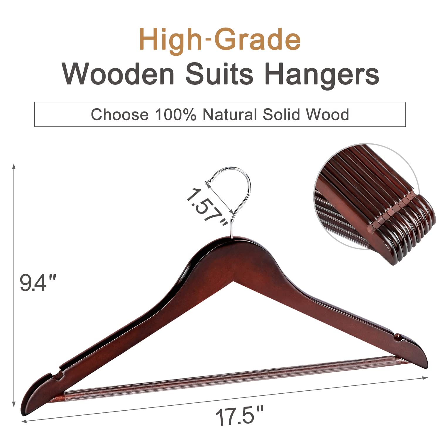 Topia Hanger Wooden Coat Hangers 30 Pack, Cherry Wood Suit Hangers With Non Slip Pants Bar, 360 Swivel Hook And Shoulder Notches