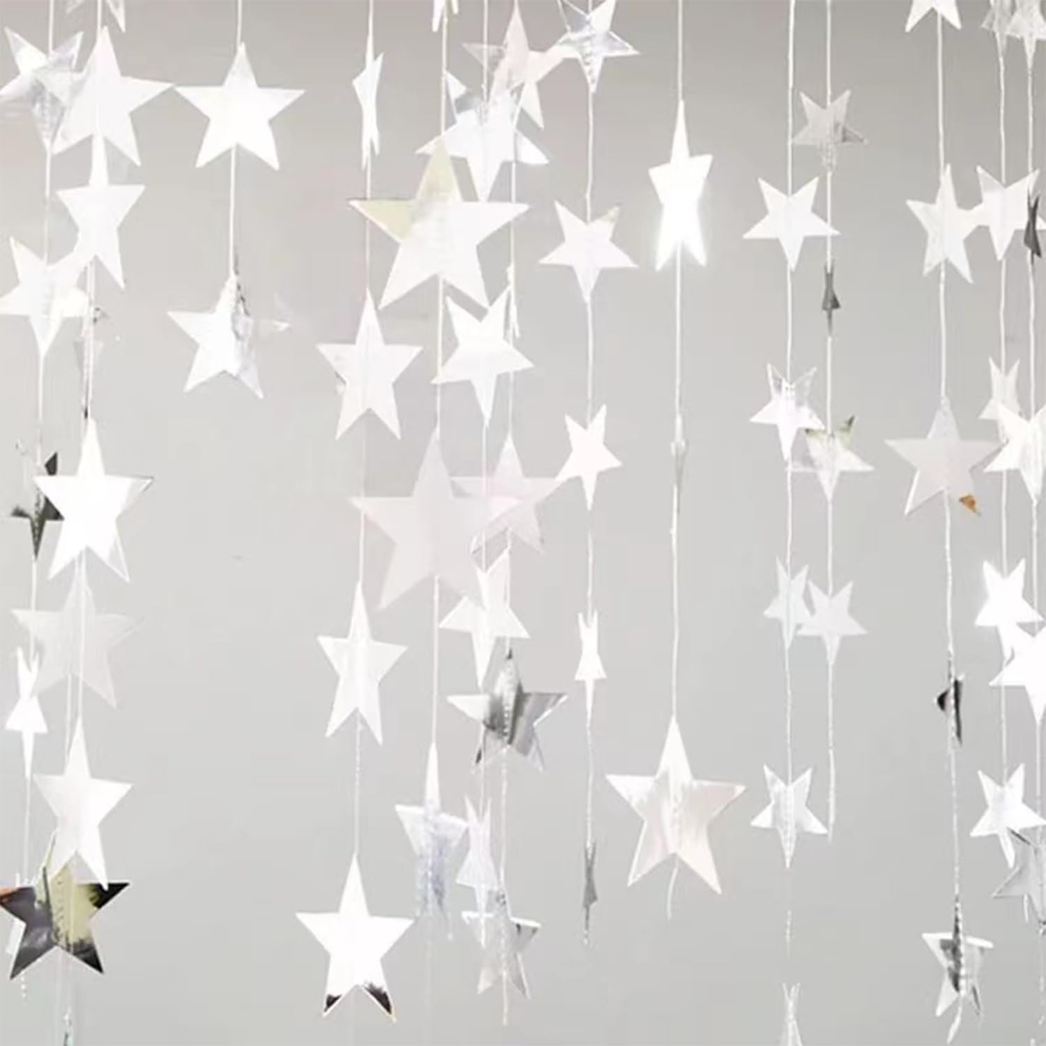 Yzurbu Silver Star Garland, 78 Feet Double Side Hanging Sparkly Paper Star Banner Decorations for Birthday Wedding Engagement Ba