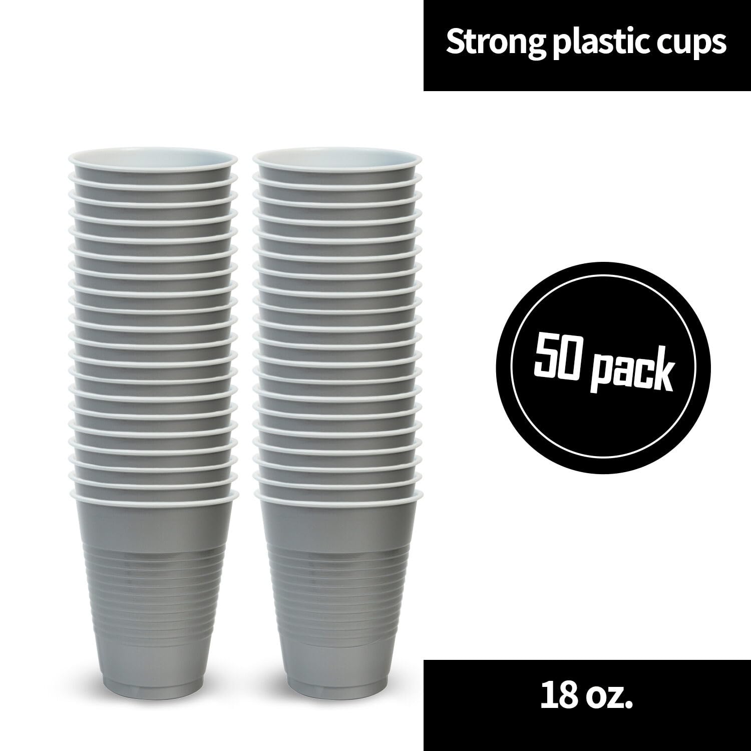 Silver Solid Color Premium Heavy Weight Plastic Cup (18 Oz.) 50 Count - Elegant & Durable, Perfect For Parties, Weddings & Every