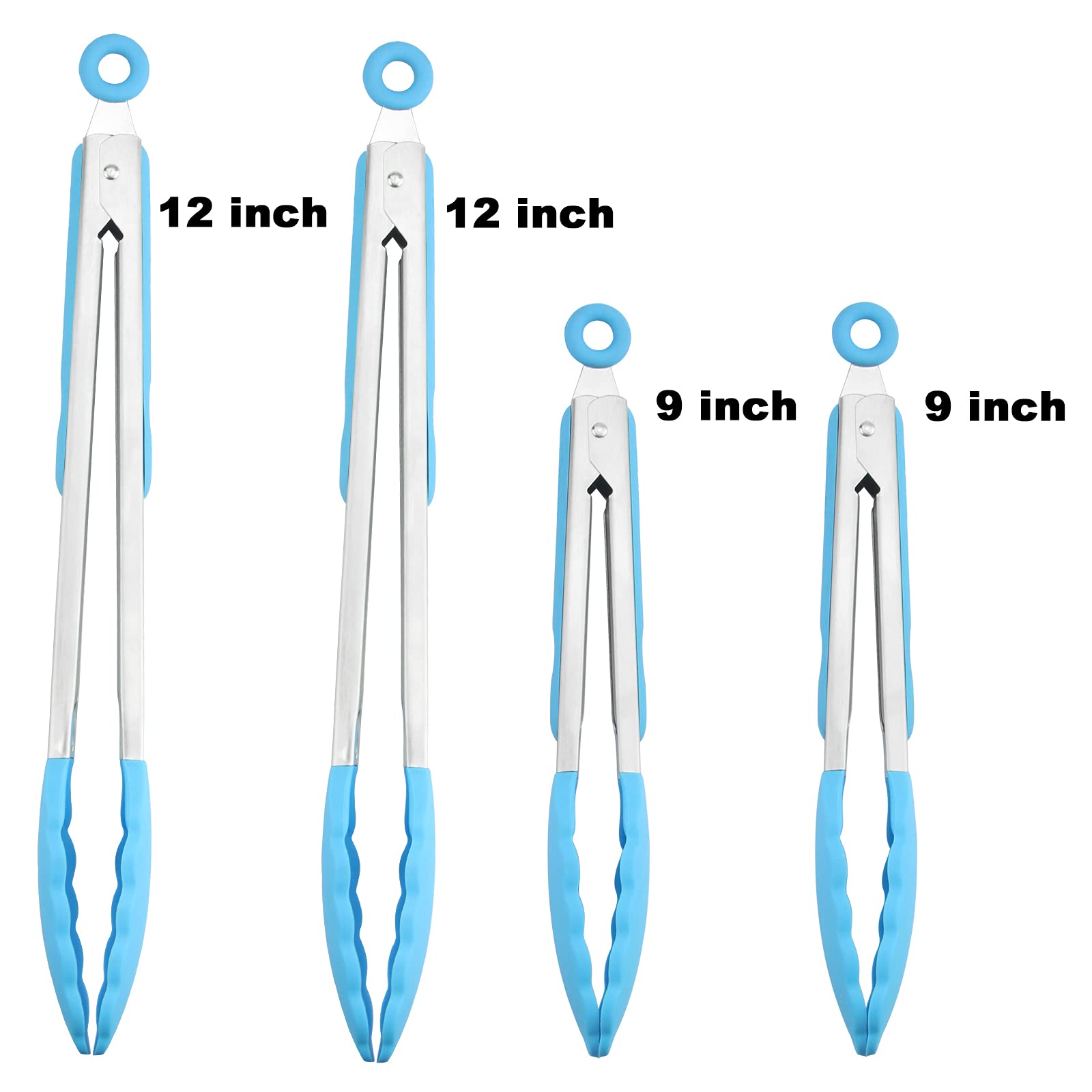 4 Pack Blue Kitchen Tongs, Premium Silicone Bpa Free Non-Stick Stainless Steel Bbq Cooking Grilling Locking Food Tongs, 9-Inch &