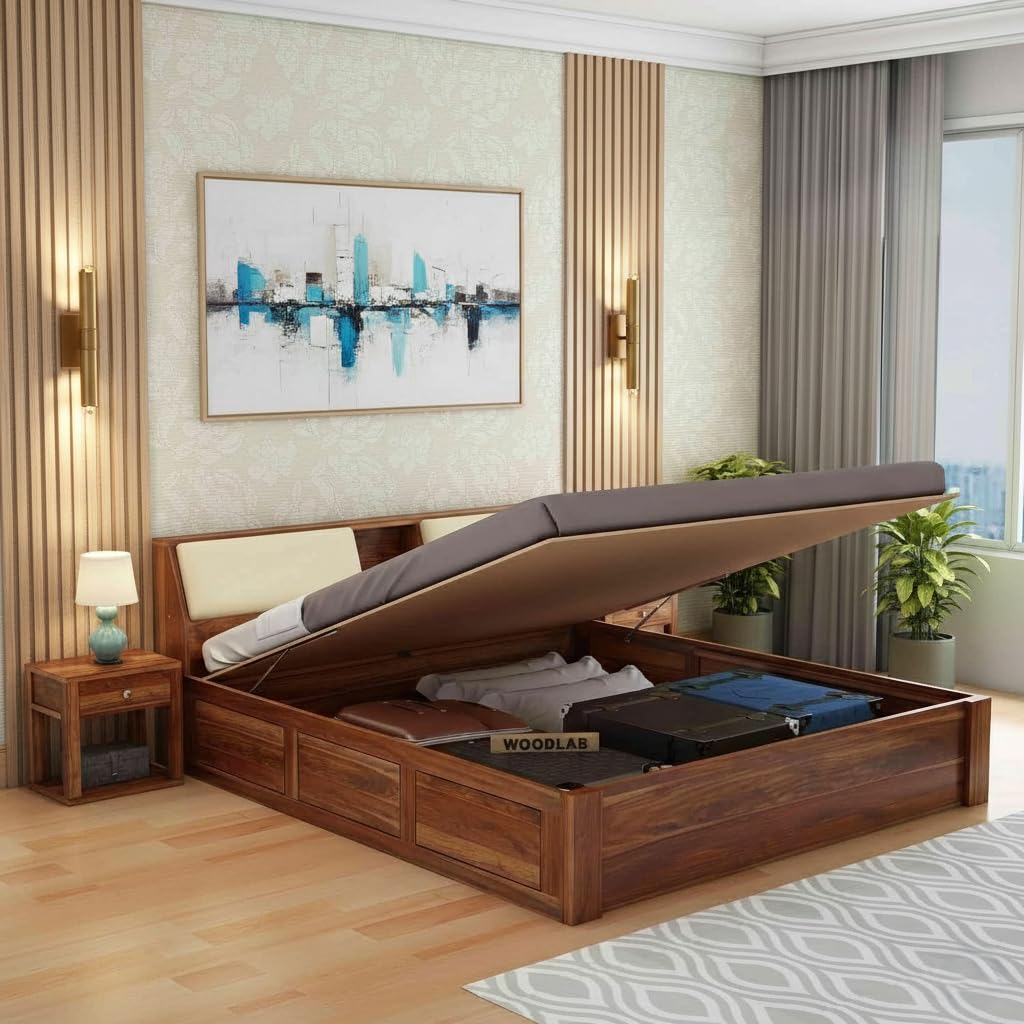 Woodlab Furniture Sheesham Wood Queen Size Bed With Hydraulic Storage For Bedroom Home Solid Wood Double Beds Living Room Hotles