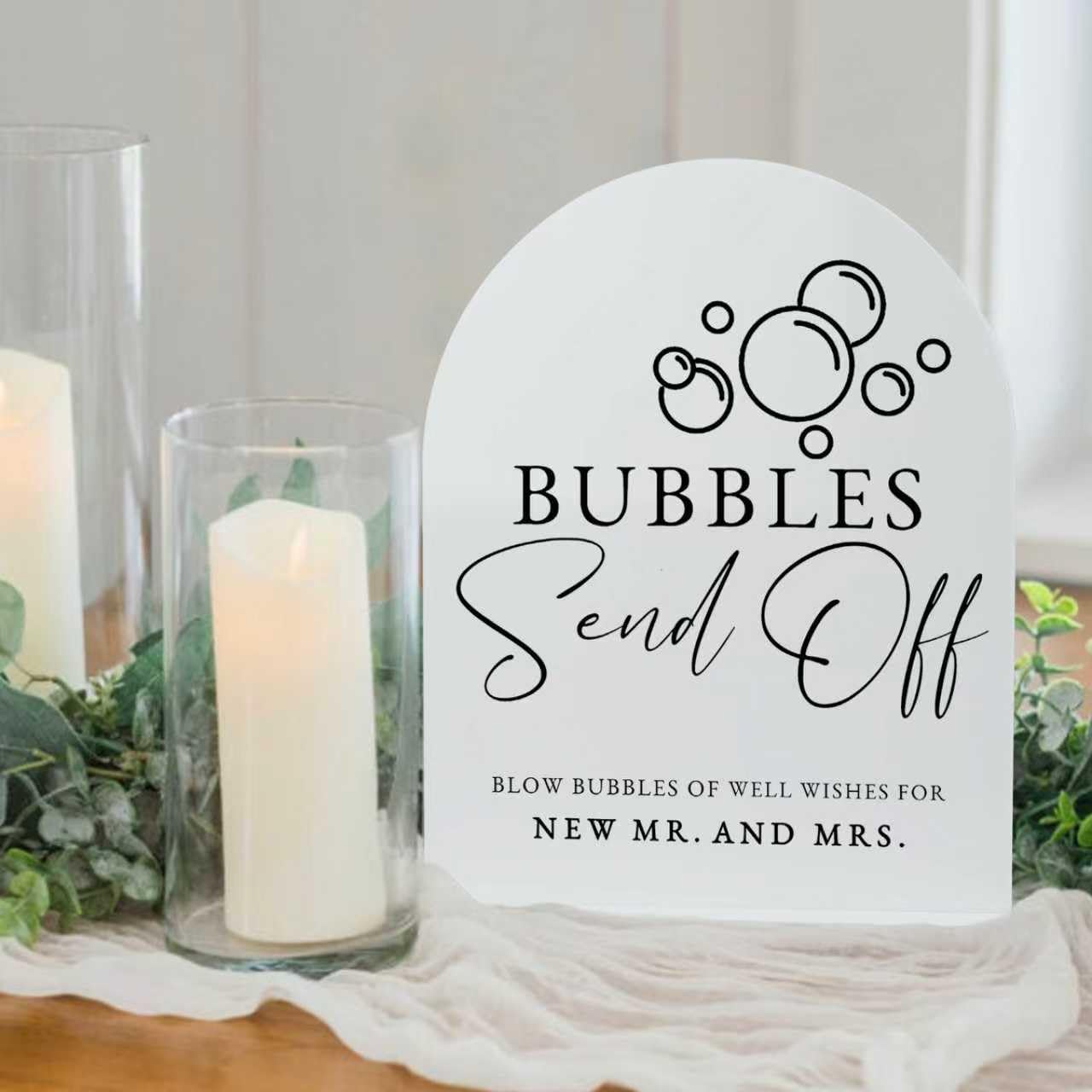White Arch Acrylic Wedding Sign- 8x10 Bubbles Send Off Sign and Base,1/8 Thick | Modern Calligraphy Arched Acrylic Signs for Wed