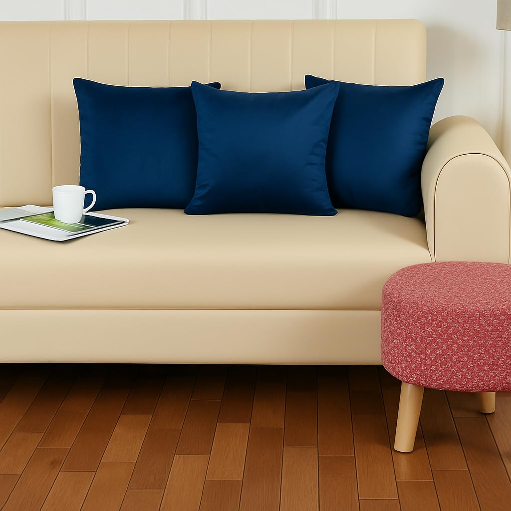 Stuffique Velvet Pillow Solid Plain 190 Tc Cushion Covers Pack Of 3 (12 X 12 Inch) Navy