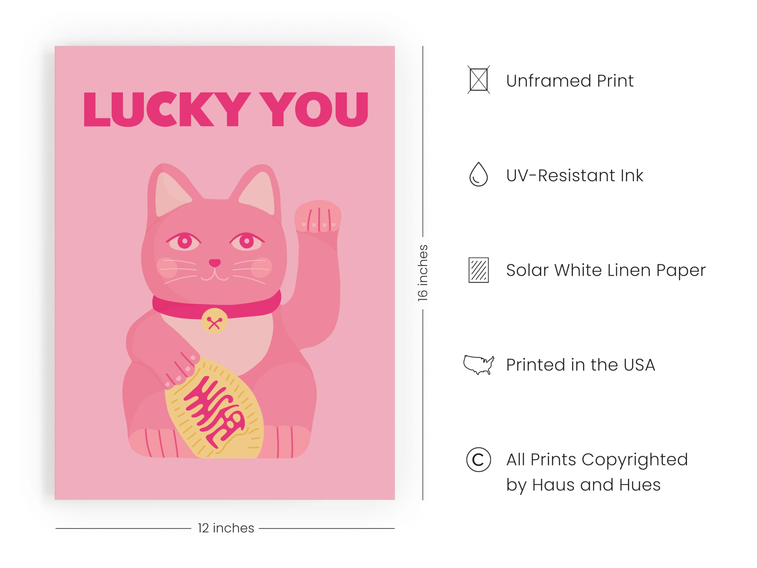 HAUS AND HUES Pink Cat Wall Art - Lucky Cat Poster, 12x16 Unframed, Aesthetic Decor for Bedroom, Dorm, or Office