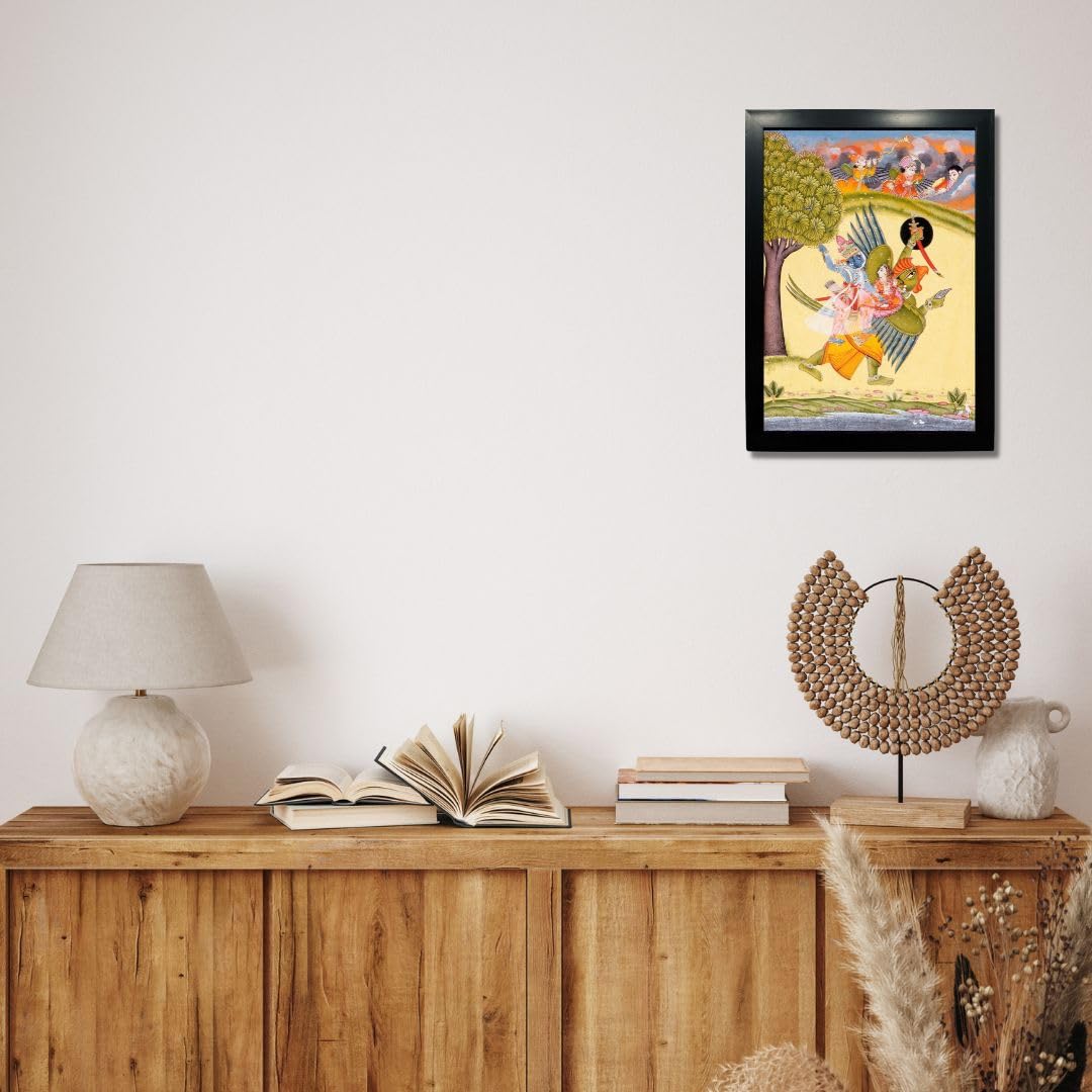 Kagaz Kala - Vintage Art Prints - Hindu God Photos With Frames For Pooja Room Bedroom Living Room Decor Gifts Framed (Vishnu, Ga