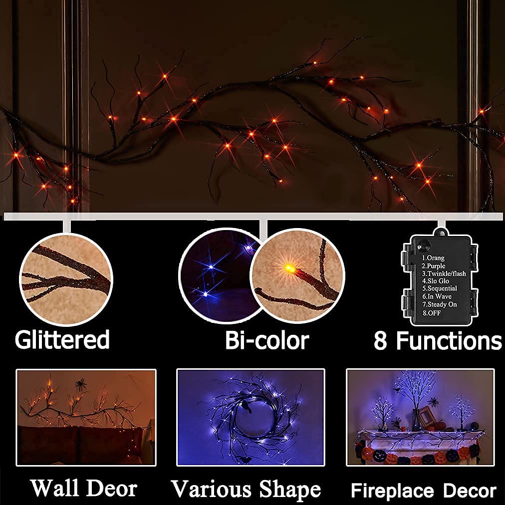 LITBLOOM Lighted Black Glittered Garland with 48 Orange and Purple Bi-Color Lights, Halloween Garland with Lights 8 Functions 6F