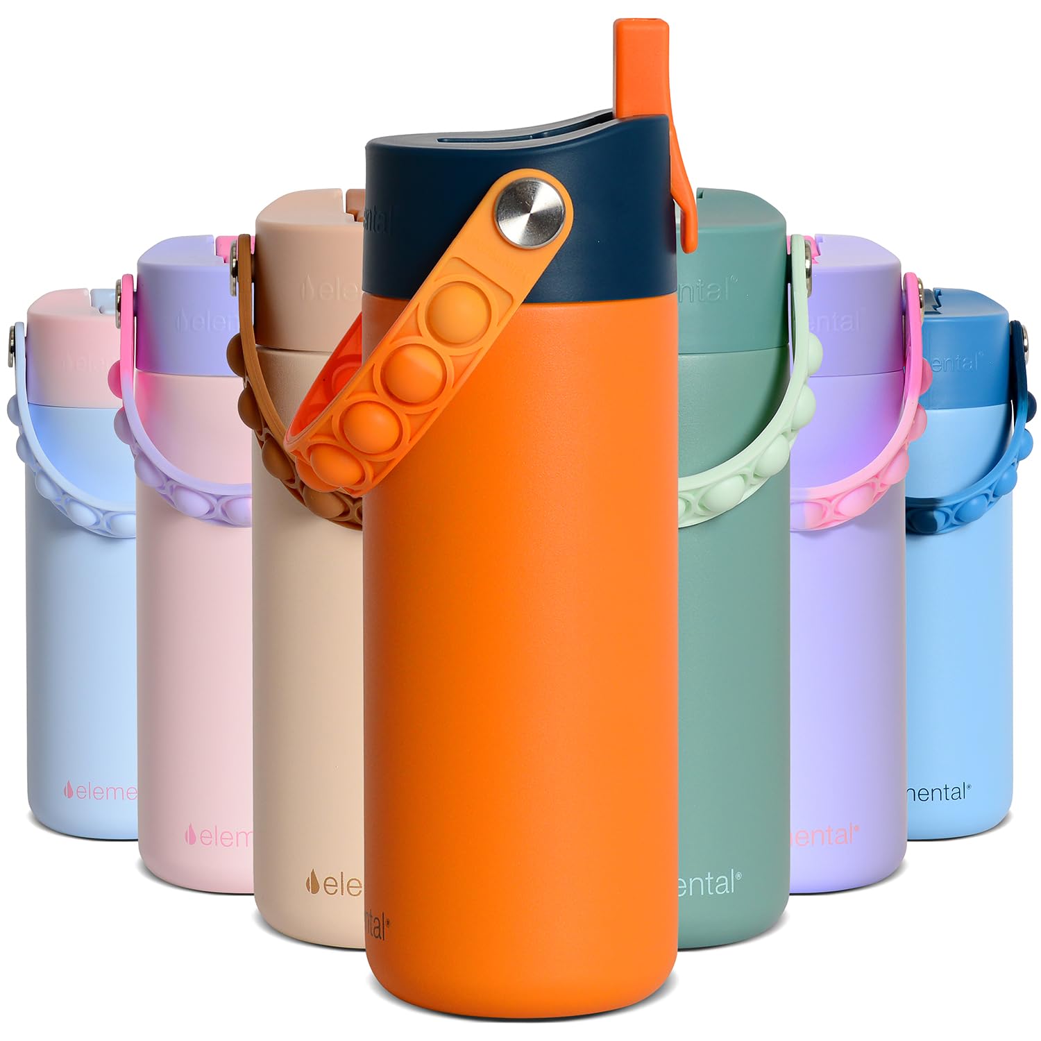 Elemental Insulated Kids Water Bottle, Stainless Steel Water Bottle with Straw Lid & Pop-It Handle, Leak-Proof Water Bottles for